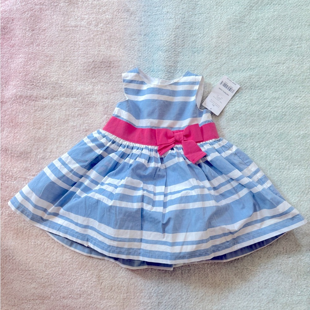 Carter’s Baby Girl Blue and White Striped Dress with Pink Bow - Size 3 Months